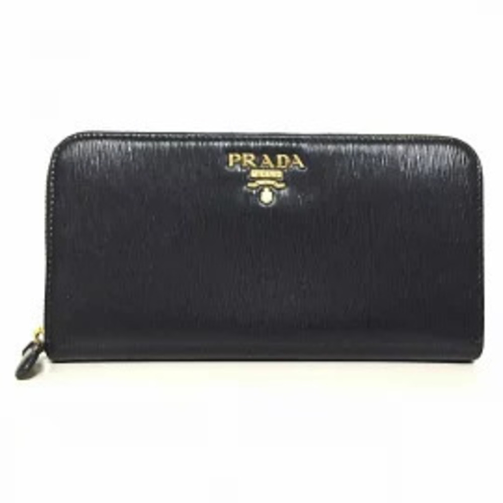 Prada Long Wallet Round Zipper Black Leather